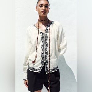 Zara Embroidered Cream and Black Women's Top bohemian cotton casual summer